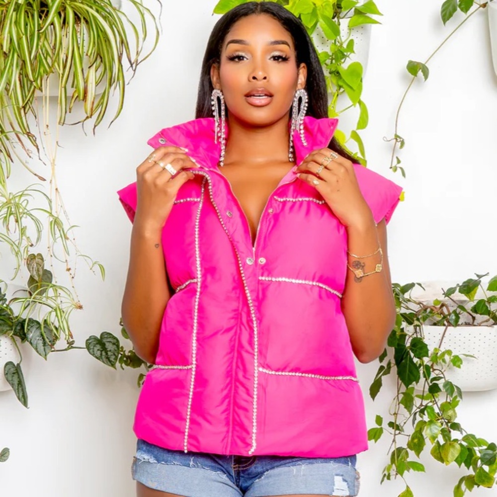 NWT ✨ Pink Puffer Rhinestone Vest